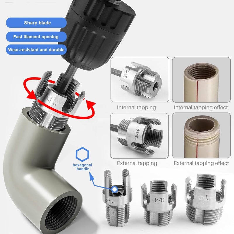 Wolfride 3Pcs Pipe Thread Cutting Tool, Integrated Internal & External Pipe Threading Tool PVC & Plastic Pipe Threader Kit 1/2" 3/4" 1" - Image 5
